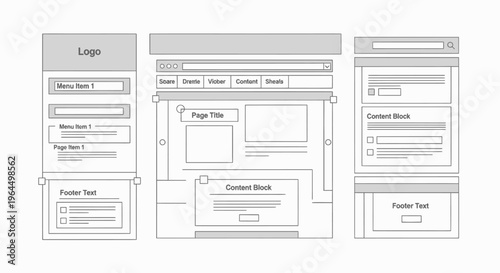 Detailed website wireframe sketch illustrating a user interface layout for web development on an isolated white background.