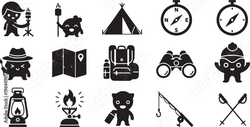 Black and white line collection of various animals and symbols line symbols tools transportation