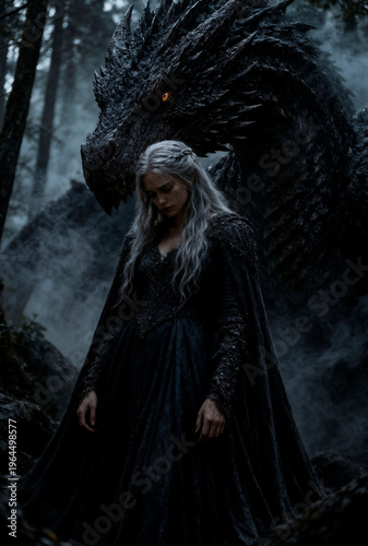 A woman in a dark gown stands protectively before a massive, shadowy dragon amidst a misty forest.