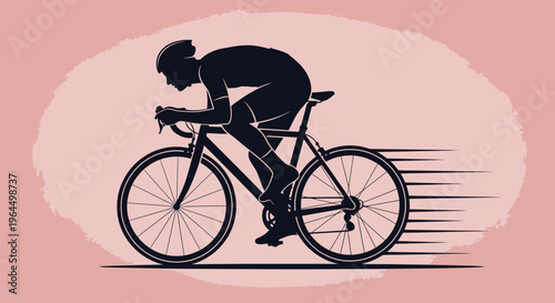 Dynamic silhouette of a cyclist riding a racing bicycle with speed lines on an abstract pink background.