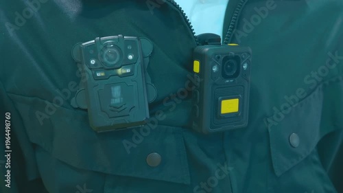 Two versions of police body cameras on uniforms are on display at the exhibition. Closeup. Shot in motion