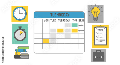 Time management and productivity icons featuring a calendar, clock, to-do list, and light bulb on an isolated white background.