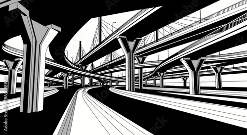 Complex Highway Interchange Road System with Elevated Overpasses, Black and White Illustration