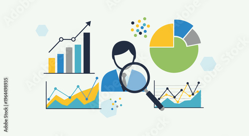 Data analytics dashboard with business growth charts, person icon, and magnifying glass illustrating research on a bright studio background.