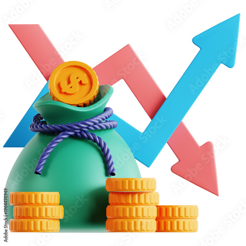 Financial Growth and Investment Returns Illustrated with a Money Bag, Coins, and Upward and Downward Arrows