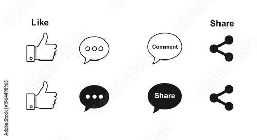 Social Media Interaction Icons Set: Like, Comment, and Share in Line Art on Isolated White Background