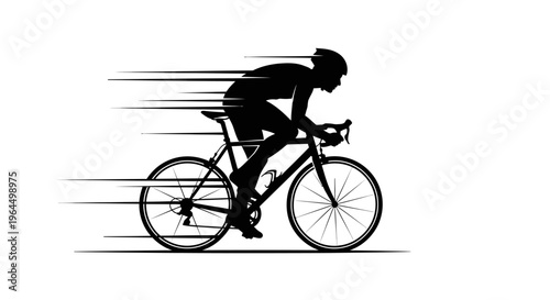 Silhouette of a Cyclist Riding a Racing Bicycle with Speed Motion Lines on Isolated White Background