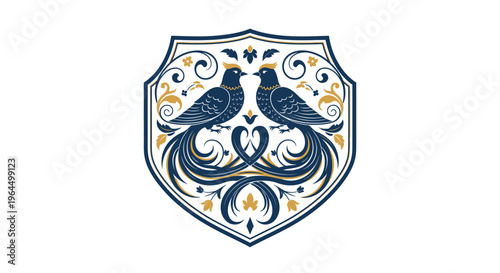 Photography Elegant Decorative Shield with Two Birds and Floral Ornaments, Vintage Crest on