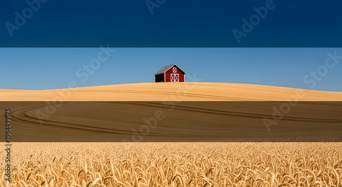 Golden Wheat Field with Red Barn – Agricultural Landscape