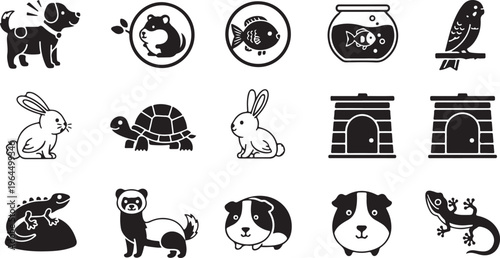 Black and white line of various animals and including a cat a dog a bird a fish a bear a rabbit a mouse a pig a cow a horse a chicken a turkey a rooster a cow skull a crab a turtle a snail a