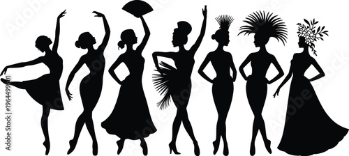Dancer silhouettes collection elegant women performing dance poses isolated on white background ballet fashion show performance vector illustration set