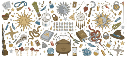 Magic items. Hand drawing illustration.