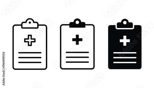 Medical report icon set. Medical history icon vector set collection. Medical record icon vector. Patient report card. Clipboard icon set.