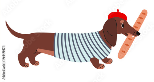 Cute dachshund wearing striped shirt and beret with baguette. Flat vector illustration of sausage dog in French style outfit, perfect for playful prints, travel themes or kids designs.