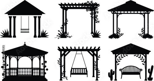 Gazebo and pergola silhouettes garden structures with swing bench isolated on white background outdoor pavilion architecture vector illustration set