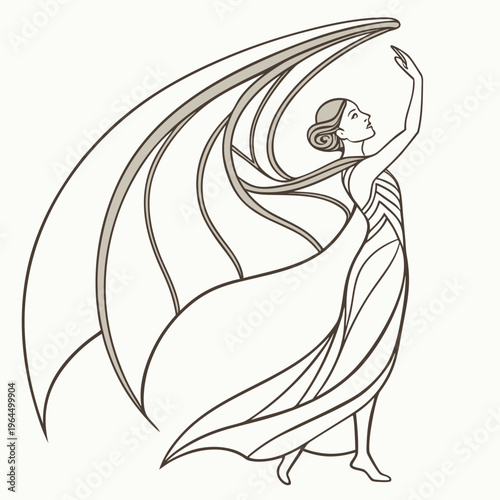 A beautiful woman in a flowing dress with her arm raised up