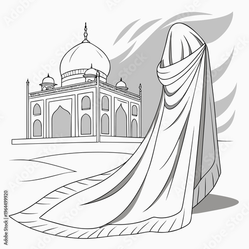 A woman wearing a burqa standing in front of the taj mahal, a famous indian monument