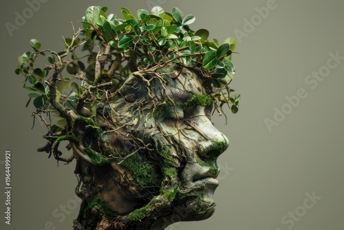Surreal image depicting the profound connection between humanity and nature, symbolized by a human face merging with tree branches and green leaves