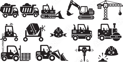 Black and white line of various vehicles and transportation modes line truck dump truck semi truck school bus