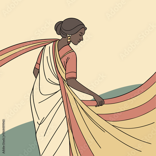 Woman in traditional indian sari with red and yellow fabric standing against a beige background with green accents