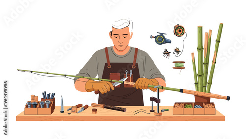Crafting Mastery: An artisan meticulously works on a bamboo fishing rod in his workshop, showcasing the precision and artistry involved in this timeless craft. 
