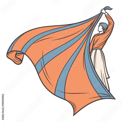 A woman in a long dress holding up an orange and blue fabric