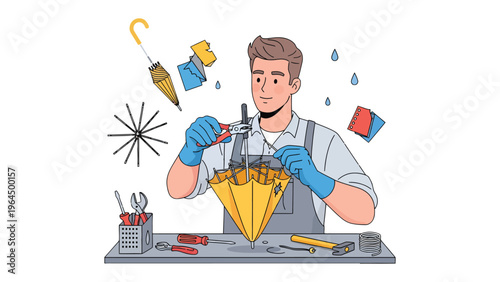 Umbrella Repair: An illustration depicts a skilled artisan meticulously repairing an open umbrella with various tools, symbolizing craftsmanship and care.