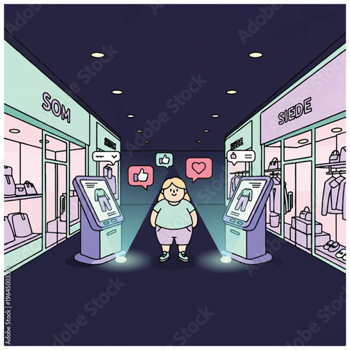 A cartoon boy standing between two social media kiosks in a virtual shopping mall with pastel colors. Perfect for editorials, digital media, and advertising campaigns.
