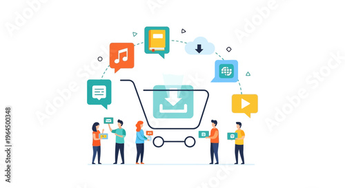 Digital Content and Services E-commerce Marketplace Concept. People Downloading, Buying, and Subscribing to Online Products with a Shopping Cart.