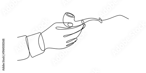 A single continuous line drawing of a hand holding a classic tobacco pipe in a minimalist style Vector, illustration