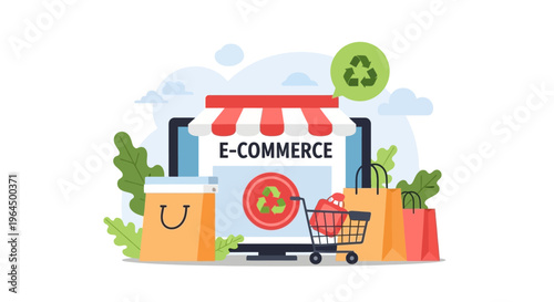 Sustainable E-commerce & Online Shopping Concept with Eco-Friendly Recycle Symbol and Digital Storefront