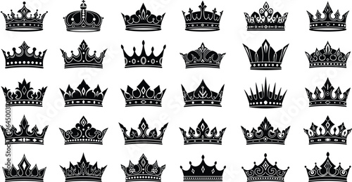Elegant royal crown vector icon collection featuring various ornate black silhouette designs for luxury branding, majestic king and queen headwear, and premium heraldic symbols.