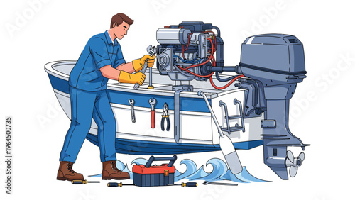Nautical Repair: A skilled mechanic meticulously repairs a boat's engine, embodying the essence of maritime maintenance and craftsmanship.