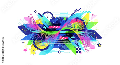 Vibrant abstract artwork features swirling shapes and colorful patterns on white background