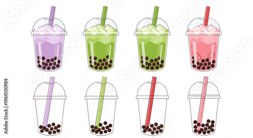 Colorful bubble tea drinks with straws in cups on table