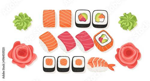 Various sushi rolls and sashimi pieces arranged with wasabi on a white background