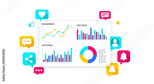 Infographic displays social media engagement metrics with colorful graphs and icons on screen.