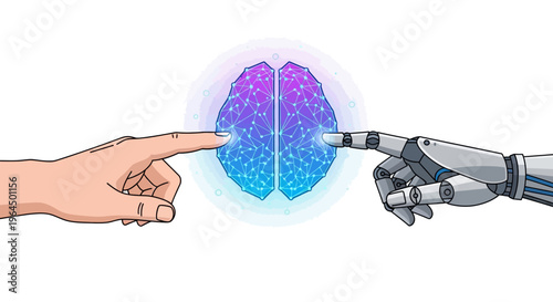 Human and robotic hands touch a glowing brain with network connections.