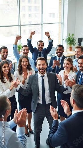 Excited viewpoint office group gathering to celebrate business success together