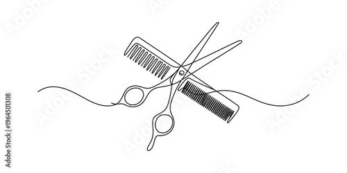 Continuous single line drawing of professional barber scissors and a comb for hair styling salon Vector, illustration
