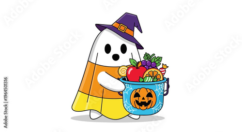 A ghost wearing a witch hat holds a bowl of fruit for Halloween treats.