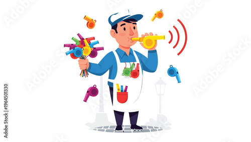 The Whistle Vendor: A cheerful vendor, with a vibrant collection of whistles, draws attention with a lively blast, offering a symphony of cheerful sounds.
