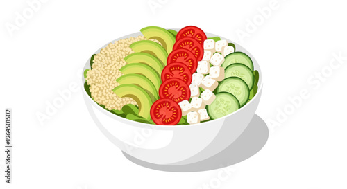 A bowl of quinoa salad with sliced avocado, tomatoes, cucumbers, and feta cheese.