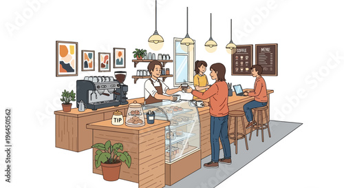 Customer orders coffee and pastry from barista at modern cafe counter with people sitting