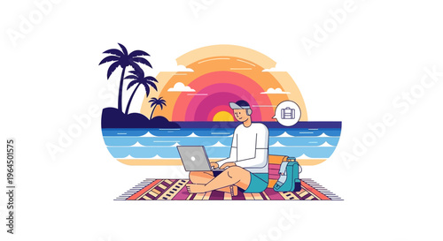 Man sitting on a beach rug with laptop at sunset by the ocean with palm trees