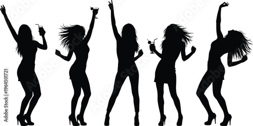 Silhouette collection of people in various active poses including jumping dancing celebrating and expressing success isolated on a white background,