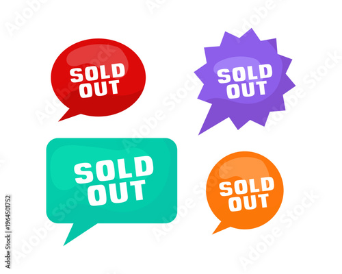 Vector illustration of Sold Out status badges in various colors and shapes, perfect for ecommerce, retail, and marketing graphics to indicate product unavailability.