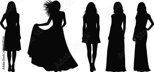 Silhouette collection of beautiful women wearing different elegant dresses and evening gowns standing in various fashion poses on white background,