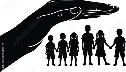 Silhouette of a large protective hand covering a group of diverse children holding hands representing safety child protection and insurance,