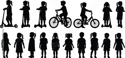 Silhouette collection of happy children playing riding bicycles and scooters and standing in a row isolated on a white background,